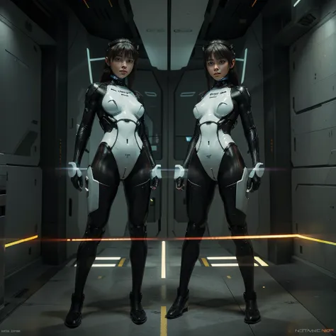 a full-body shot (full body shoot:1.5) of a lone female mecha pilot, shown from head to toe, in a sleek, form-fitting futuristic...