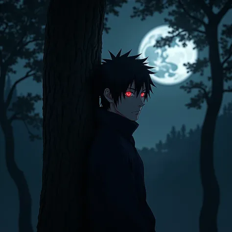 (masterpiece:1.2) (best quality) (detailed) (intricate) (8k) (HDR) (wallpaper) (cinematic lighting) (sharp focus), Sasuke,sharigan,red glowing eyes in the dark,black outlines in the eye, leaning against a tree,night time, extremely dark, outline of Sasuke ...