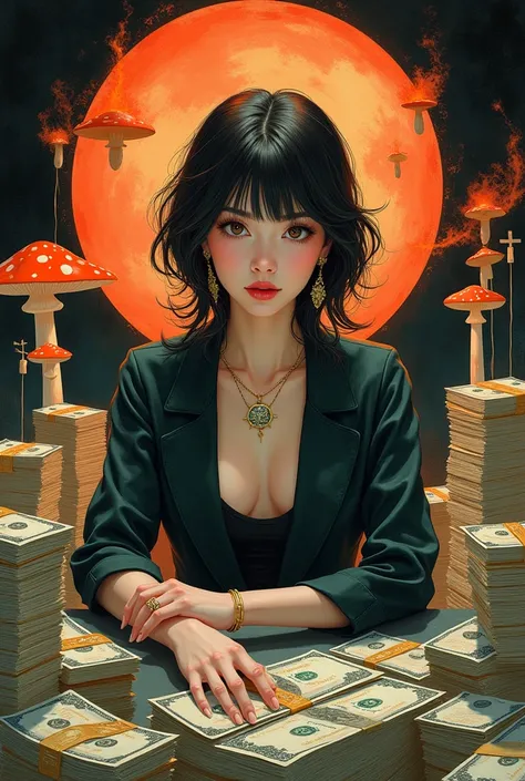 arafed woman sitting at a table with stacks of money, a portrait by Kanbun Master, reddit, hurufiyya, piles of money, cash on a sidetable, 🔞🤡, ❤🔥🍄🌪, made of money, 🔥 😎 🕹️ 👀 :2, 🚀🌈🤩, per un pugno di dollari, exclusive