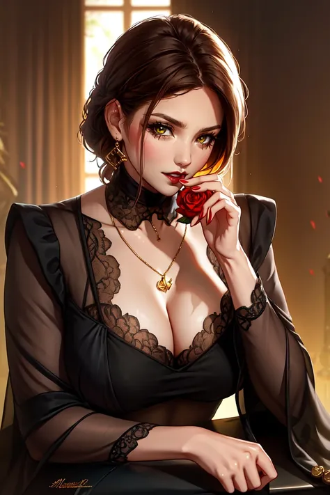 (Extremely detailed CG unit 8k wallpaper, masterpiece, best quality, Extremely detailed), (Optimal lighting, Best shadow), 45-year-old Spanish woman, Mature, Square face, Necklace with a red rose on the neck, Wearing a black lace dress with red, Gold earri...