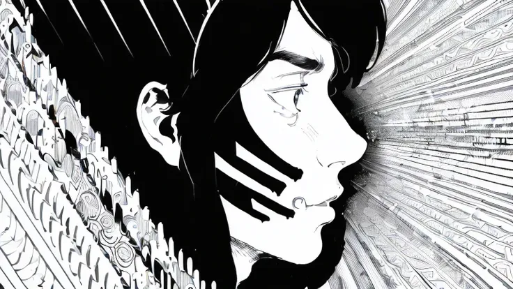 (((black and white illustration with converging lines)))、(((profile of a young handsome man with a surprised face))),solo、