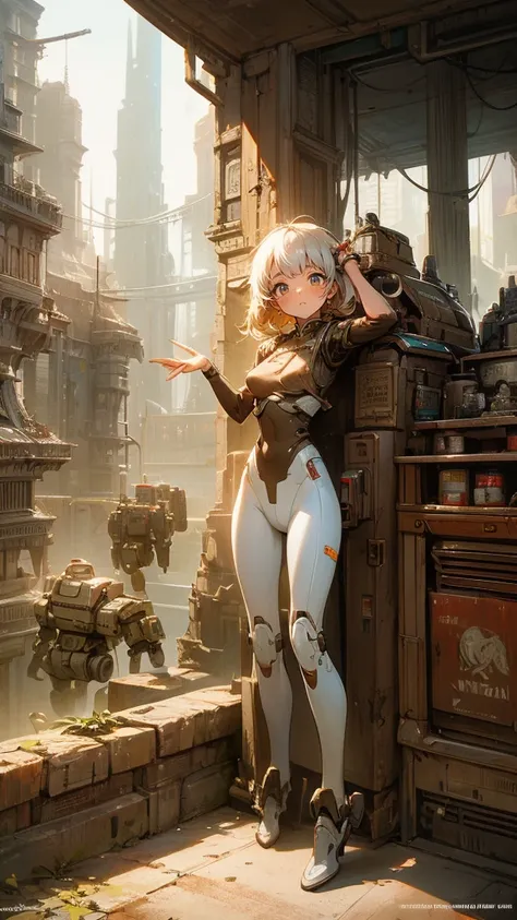 Highest quality、Highly detailed、Full Body Shot、A beautiful girl who is always smiling、Pure white teeth、Disheveled Hair、Shabby bodysuit、Raise one hand、Look at your feet、Surrounded by vintage toy robots、A city made of tin and metal like a can、A cluttered cit...