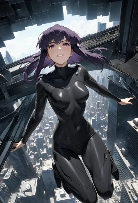 ultra-high-definition 3d cg graphics of kusanagi motoko from the anime ghost in the shell、purple hair, tight black bodysuit,she ...