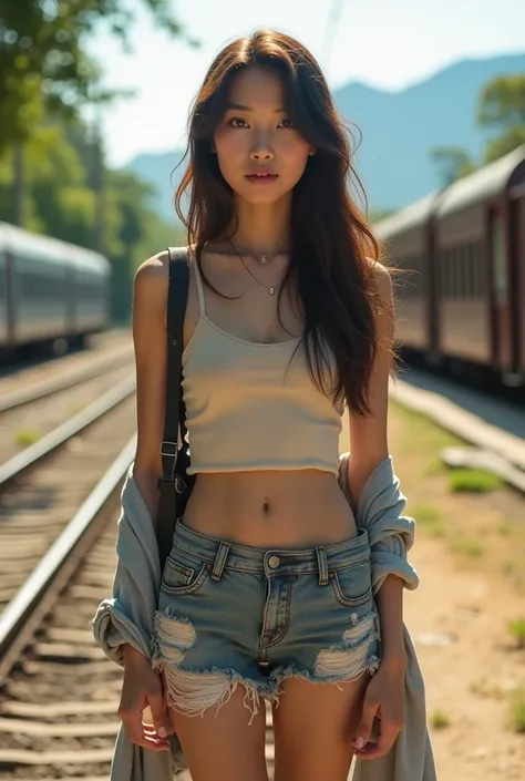 30s Thai woman, cute face, long hair, fair skin, wearing an old tank top, ripped shorts, ripped shirt, flip flops. I remember the same person as the train station. Realistic image, bright sunlight, distant mountains in the background, green trees, macro ca...