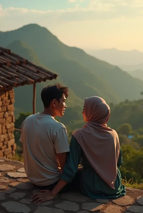 very high quality photo, view, a man from Indonesia and a woman wearing a hijab are sitting on the terrace of a house in the corner of the village, romantic, full body, realistic, cool and complex visual effects, looks real and perfect, UHD 64K, very sweet