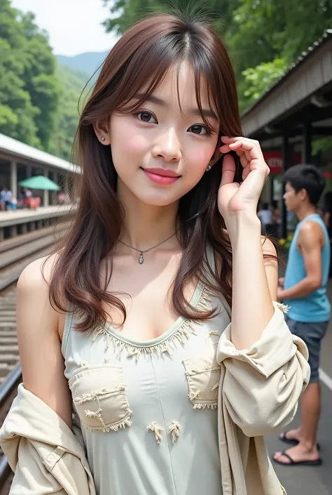 30s Thai woman, cute face, long hair, fair skin, wearing an old tank top, ripped shorts, ripped shirt, flip flops. I remember the same person as the train station. Realistic image, bright sunlight, distant mountains in the background, green trees, macro ca...