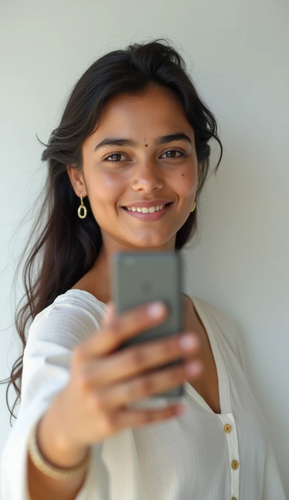 A cute 19 years old indian girl taking selfie, simple smile without showing teeth, white wall background , rough dry face skin  , indian kurta dress , full body view , model pose , sexy and hot 