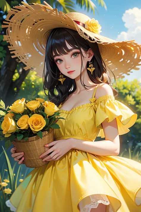 ((Highest quality)), ((masterpiece)), (detailed), One person, sexy,Yellow dress、Straw hat、Rose Garden、Single-lens reflex camera