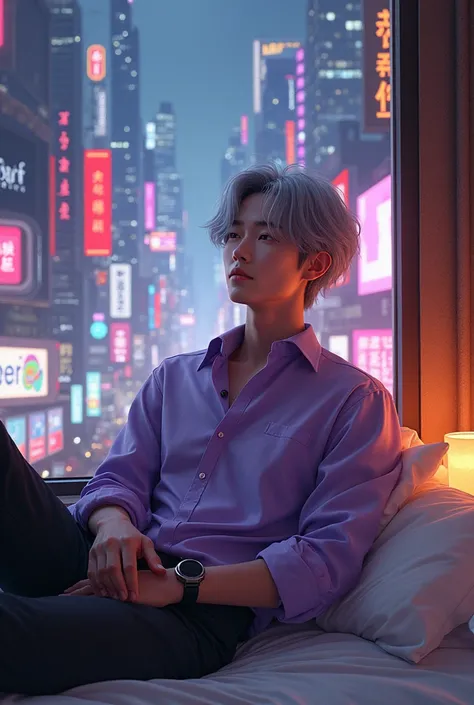 (detailed), beautiful Chinese male, grey medium A-cut hair, sitting on bed, wearing purple dress shirt top, in cyberpunk city, relaxed pose, realistic, intricate details, warm colors