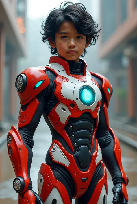 Boy malay Indonesia wear red white exoskeleton. Robot face on body. Led nipple blue. Black hair little white hair detail. . 19 year old boy. Wavy hair. Tan skin. High tech suit. Mirage armor . Taking anger robot face red. Emoji robot. Robot logo. Mechanize...