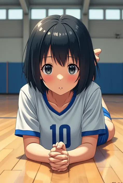 Japanese short black hair high school girl painting style。
oil。
Volleyball club practicing in the gym。
The uniform is white and blue on top、Bottom is black。
The number on his front is 10. It looks like a photograph.。
Lying on the floor so that I could see ...