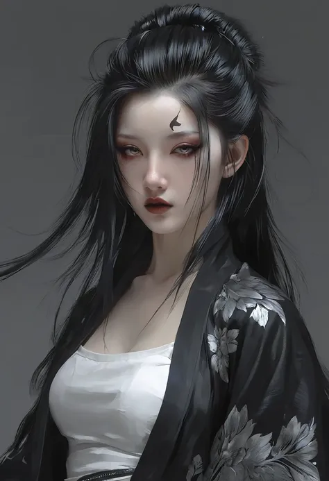 a woman with black hair and white skin，black top， artwork in the style of gu weiss, gu weiss, the style of wlop, ross tran and w...