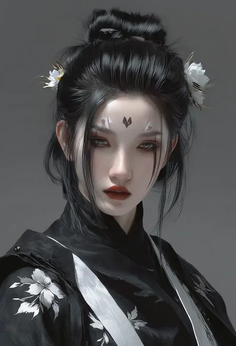 a woman with black hair and white skin，black top， artwork in the style of gu weiss, gu weiss, the style of wlop, ross tran and w...