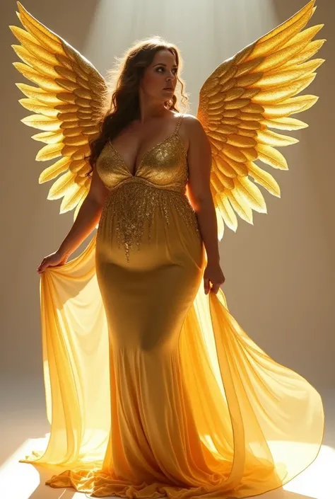 arafed woman with a gold wings and a gold dress, a stock photo by Randy Vargas, tumblr, arabesque, giant stunning goddess shot, voluptuous and arousing, voluptuous body, voluptuous figure, curvaceous. detailed, curvy model, curvy, draped in shiny golden oi...