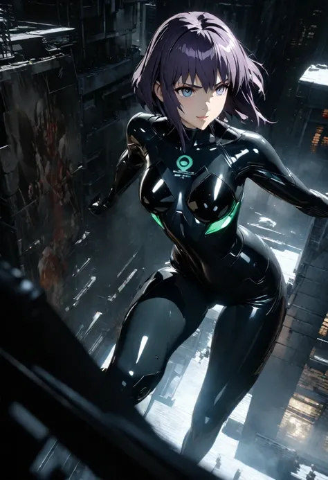 ultra-high-definition real 3d cg graphics of kusanagi motoko from the anime ghost in the shell、purple hair, beautifully detailed...