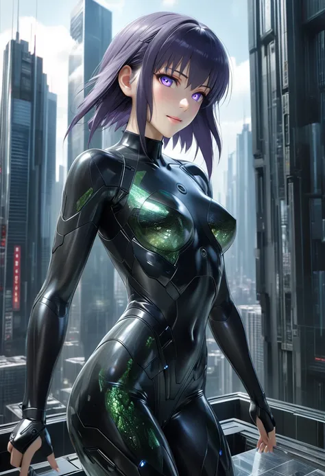 Ultra-high-definition Real 3D CG graphics of Kusanagi Motoko from the anime Ghost in the Shell、Purple hair, Beautifully detailed eyes and mouths, breathtakingly detailed realistic skin,Beautiful texture and shine of hair,tight black bodysuit,The realistic ...