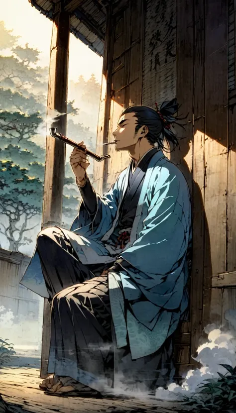 A samurai wearing a blue haori, leaning against a wooden pillar, casually smoking a pipe. The smoke drifts upwards, blending with the early morning mist."