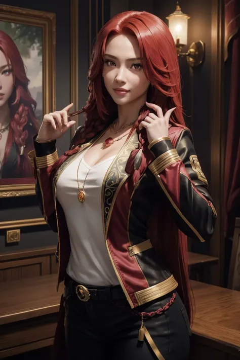 i want to be a powerful figure behind the scenes！,iris midgar,red hair,long hair,outside flip,with a single braid on one side on...