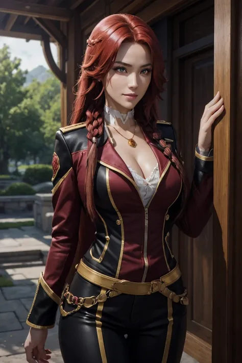 I want to be a powerful figure behind the scenes！,Iris Midgar,Red hair,long hair,Outside flip,with a single braid on one side only,Red eyes,Red Eyes,Beautiful white skin,Black and gold jacket,Black shirt,White long pants,Sapphire necklace,Photorealistic,Ul...