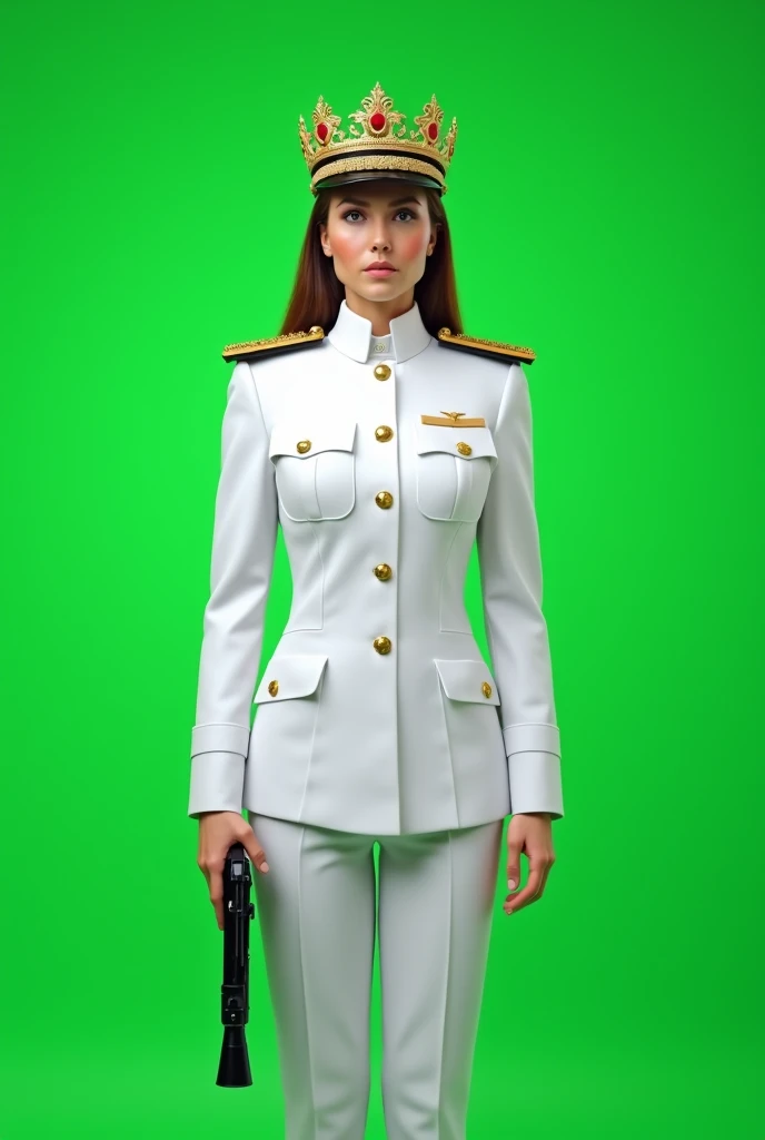 Front 
Front viewed, female, A white uniforms military governor general standing with a gun in his hand. Queens crown on head. Plain full green screen background