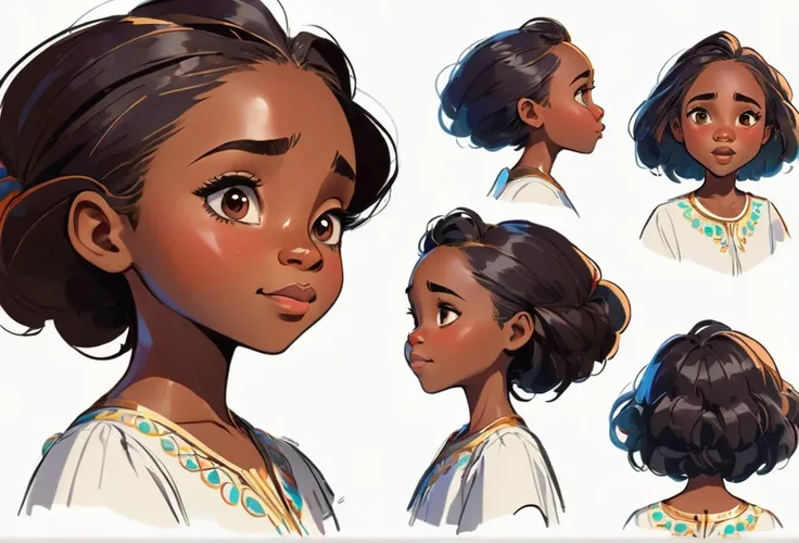  A 7 years old girl (character design sheet) face study for animation, different expressions and view points, front view, side view and back view
African (masterpiece best quality:1.2) delicate illustration ultra-detailed, illustrations, bright, colourful,...