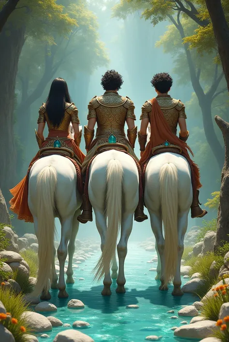 Three brothers riding white horses with their backs turned ,One is a woman with very long hair , Another is a young man with semi-long black hair and another is a young man with curly hair  ,The three of them dressed in armor of precious stones ,heading to...