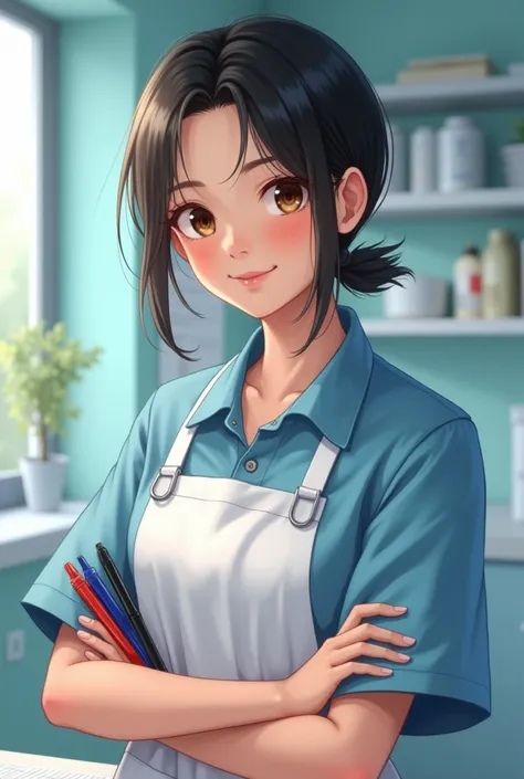 A Mongolian girl with short hair upto her neck ,thin in built with shy smile , with little red cheek,small beautiful eyes, working in hospital as nurse wearing her apron named with Sudikshya Gurung , keeping 3 pens of red , blue and black colors