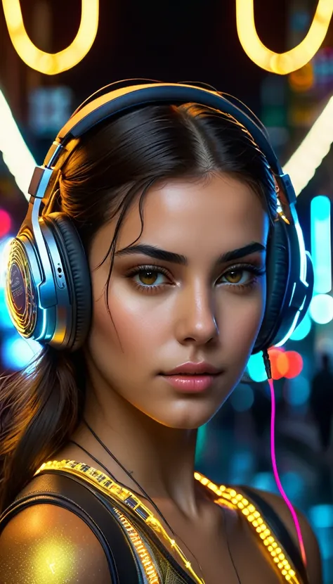 cyberpunk Persian girl, glowing wires, headphone,  dark city, reflective puddles, neon signs,, Photorealistic, Hyperrealistic, Hyperdetailed, analog style, soft lighting, subsurface scattering, realistic, heavy shadow, masterpiece, best quality, ultra real...