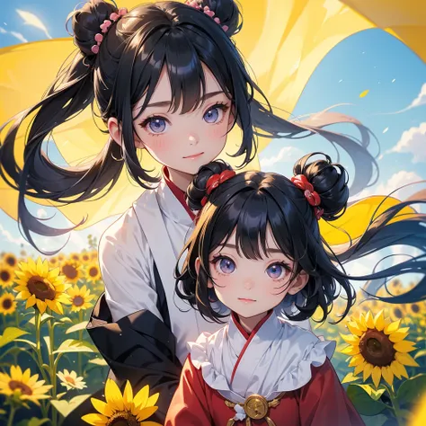 A chibi child girl had a small face and Wearing white little Taoist priests outfit. A pair of big round eyes shone with curiosity about him. This child was so cute! ,her hair is black with two buns on her hair.small chibi, chibi baby, smiling,The little ch...