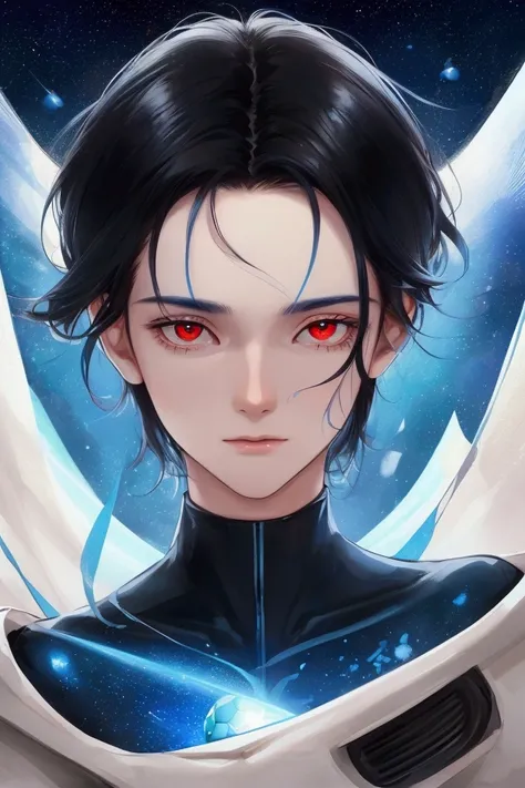 A close up of a person standing on a field with a soccer ball, he has black hair and red eyes, blue aura is coming out from his body, the background there a planets behind and galaxys