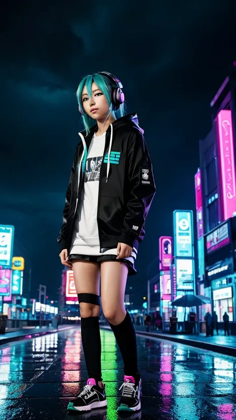 Hatsune miku wearing hoodie and headphones walking in the rain glaring at sky cyber city night time neon light mode and beautiful 