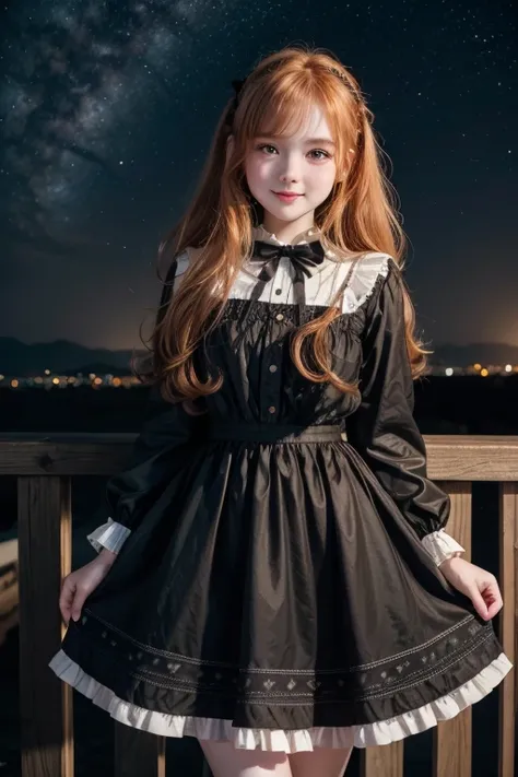 Dramatic light, straight angle, big black eyes, pretty and cute 16 year old girl, smile, pale white skin, rosy cheeks, wavy messy ginger hair, black lolita dress, flared skirt, night sky view, stars