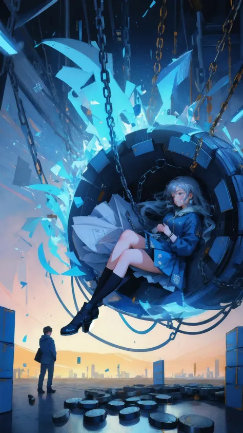 Design an image with a blue-themed background, featuring a cute girl replacing the weary man, lying on the ground with a pouting face to express her frustration. Chains, padlocks, and various Bitcoin coins should be dangling above her, symbolizing the cons...