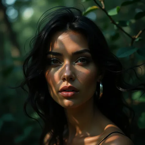 An image focuses on light and shadow on a womans face in a forest , leaves around, partial glittering rays of light, unique features of the woman, woman has a unique face, kim kardashian face, sun rays, camera flare, wind, floating hair, glittering makeup