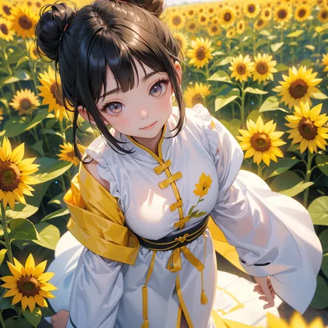 A chibi child girl had a small face and Wearing white little Taoist priests outfit. A pair of big round eyes shone with curiosity about him. This child was so cute! ,her hair is black with two buns on her hair.small chibi, chibi baby, smiling,The little ch...