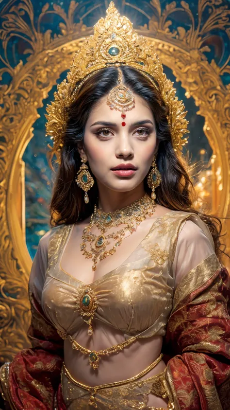 ((Best quality, 8k, Masterpiece :1.3)), Sharp focus :1.2, Generate a realistic image of a beautiful sexy Indian woman plus size body: 8.5 dressed in a white Kasava saree, adorned with traditional ornaments, standing in a well-lit room with cinematic lighti...