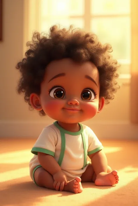 A Disney-Pixar style, a smiling 2-month-old boy, eyes closed dark-skinned, long curly hair, short brown, bright brown eyes, wearing a white dress shirt with two vertical light green stripes on each side of the chest. Charming and genuine smile. The sun cas...