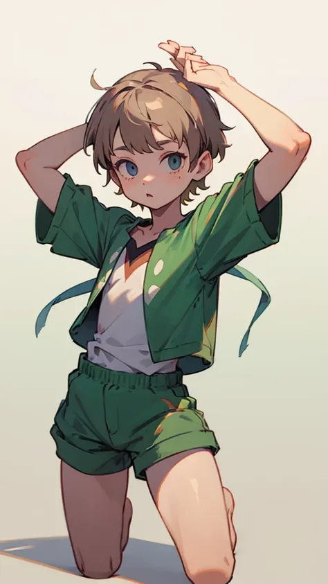 peter pan,half short hair,cute,in an innocent pose,whole body,hands above head