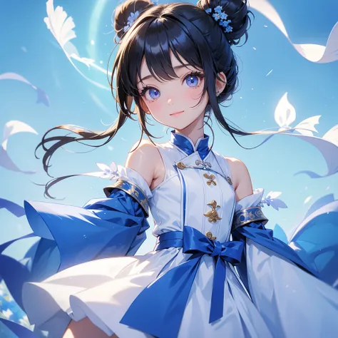 A chibi child girl had a small face and Wearing white little Taoist priests outfit. A pair of big round eyes shone with curiosity about him. This child was so cute! ,her hair is black with two buns on her hair.small chibi, chibi baby, smiling,The little ch...