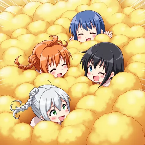 An anime-style illustration depicting four girls playfully wrestling with each other inside a gold comical fight cloud (chainese cloud).
each girl has different  colored hair: one with silver hair braided,another  with orenge short hair,and one with blue p...