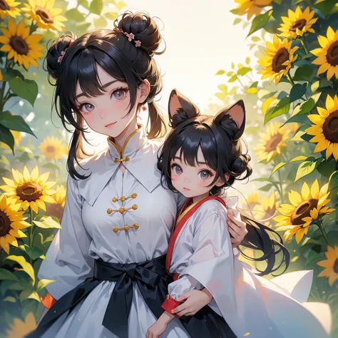 A chibi child girl had a small face and Wearing white little Taoist priests outfit. A pair of big round eyes shone with curiosity about him. This child was so cute! ,her hair is black with two buns on her hair.small chibi, chibi baby, smiling,The little ch...