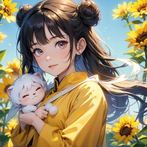 A chibi child girl had a small face and Wearing white little Taoist priests outfit. A pair of big round eyes shone with curiosity about him. This child was so cute! ,her hair is black with two buns on her hair.small chibi, chibi baby, smiling,The little ch...