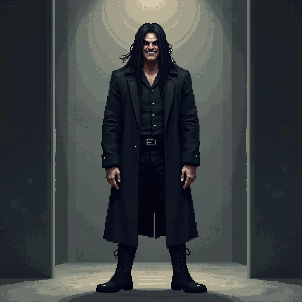 (masterpiece, top quality, best quality), pixel,pixel art,1man in a black straight jacket,long hair covering eyes, grinning,black boots,boss,aura