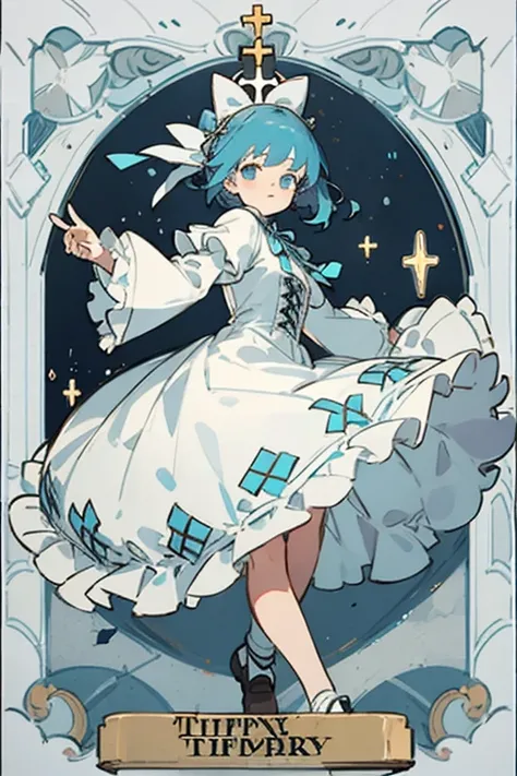 Tiffany Blue Hair,cross,white lolita clothes,frills,ribbon,church,tarot