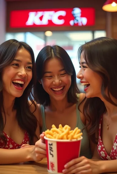 Three female friends holding a KFC family bucket，Everyone laughs happily，At KFC restaurant，KFC sign in the background