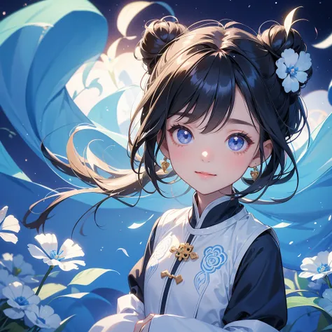 A chibi child girl had a small face and Wearing white little Taoist priests outfit. A pair of big round eyes shone with curiosity about him. This child was so cute! ,her hair is black with two buns on her hair.small chibi, chibi baby, smiling,The little ch...