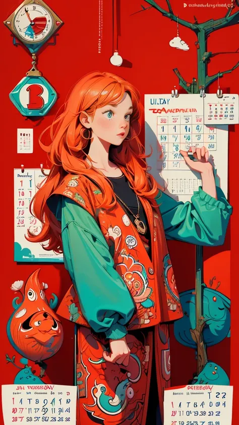 a girl checking a calendar as she is waiting for a payment, daily deviation on deviantart, illustration daily deviation,  x - day, ultra humorous illustration, calendar says monday, funny illustration, humorous illustration, very humorous illustration, !!!...