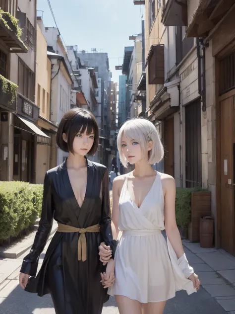 (masterpiece, best quality),2girls,Walking through a sci-fi city filled with feasts and debauchery. A Cute girl with waist-length white hair and golden eyes,detailed eyes,Leading a beautiful woman with medium length hair.,blue eyes,small breasts,The shadow...