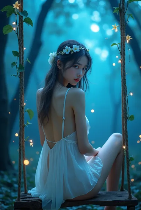 (wide shot, whole body shot), A beautiful korean girl, 20 years old, kpop style, ash grey long wavy hair, white flower headband, blue eyes, sexy body, long legs, wide thigh gap, silver titanium necklace with heart liontin, sitting back view lift the leg on...