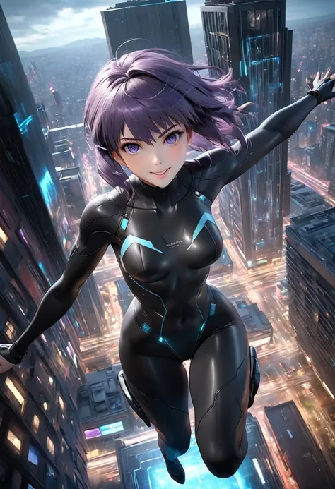 ultra-high-definition real 3d cg graphics of kusanagi motoko from the anime ghost in the shell、purple hair, beautifully detailed...